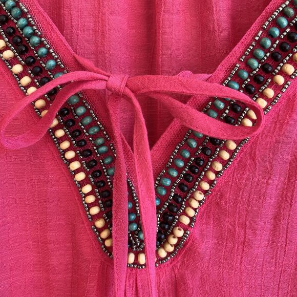 Zac & Rachel Womens Hot Pink Boho Peasant Top Size XL Beaded Smocked Puff Sleeve - Picture 3 of 14